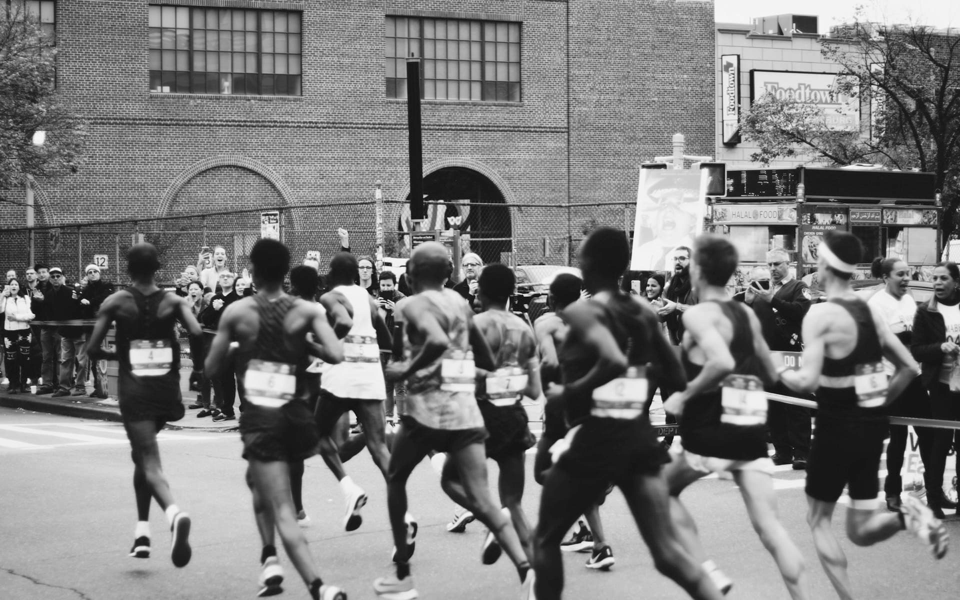 Grupo de élite de corredores de maratón en un circuito de asfalto